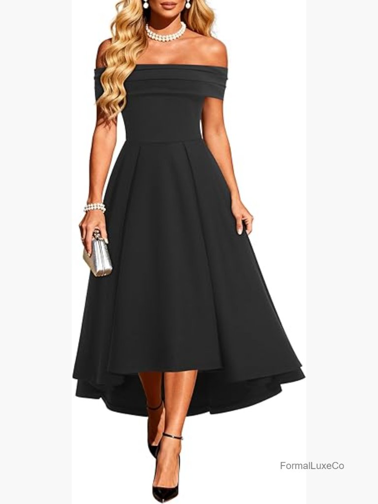 Off Shoulder High Low Midi Dress - Cocktail Party Wear
